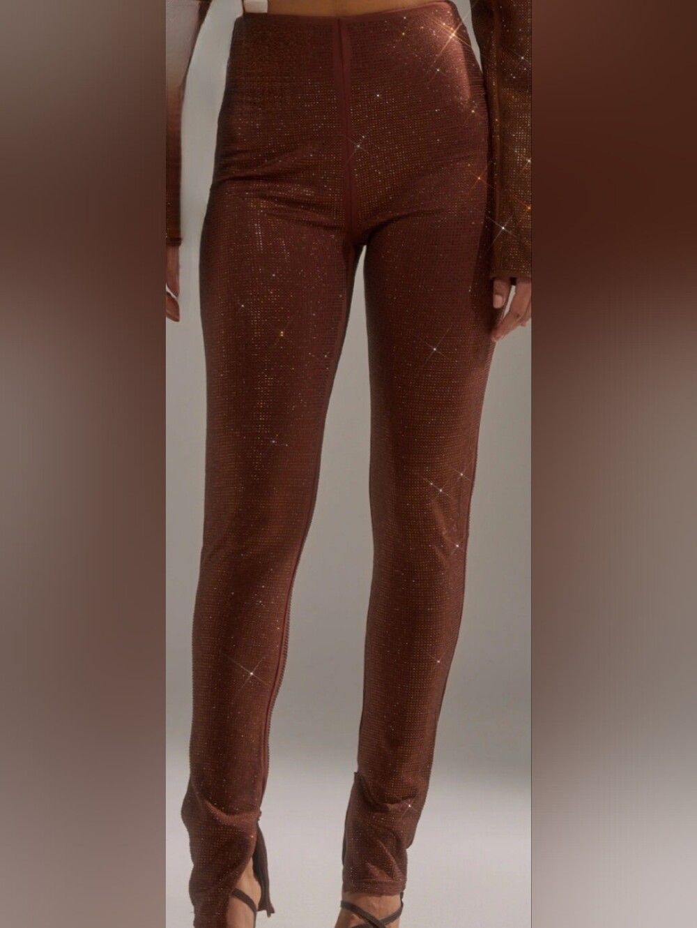 AKIRA Brown Rhinestone Leggings XL Sparkly Stretch Pull-On Pants - Picture 13 of 14